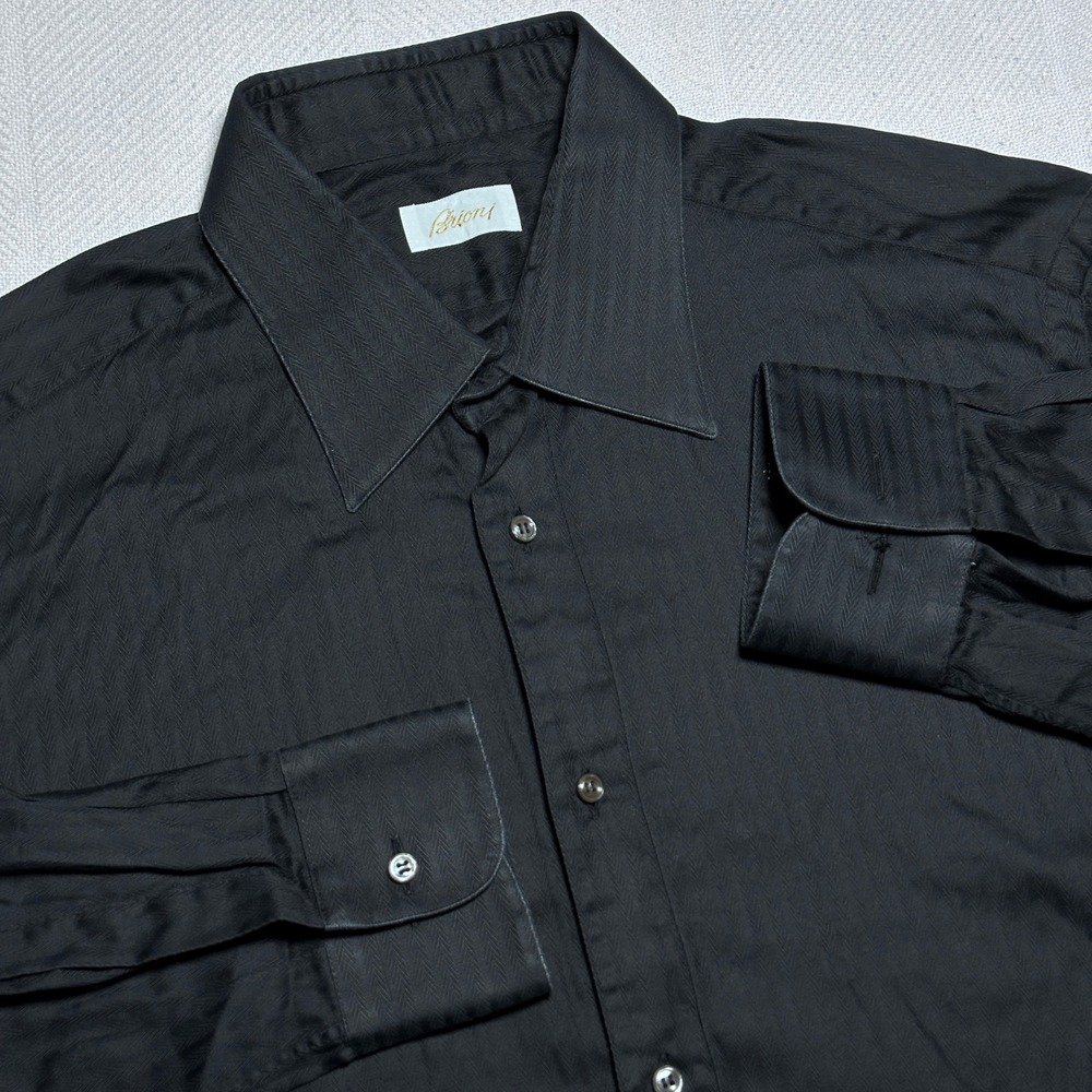Brioni Button Up Dress Shirt Mens 42 16.5 Herringbone Black Cotton Made in Italy